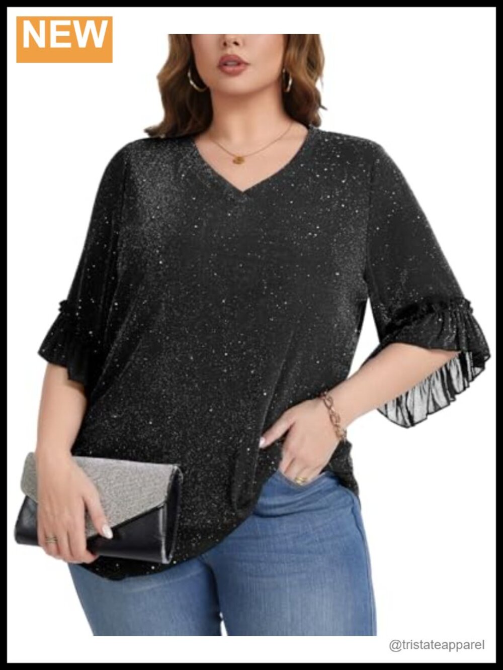 Plus Size Sequin Mesh Top 3/4 Sleeve V-Neck Glitter Blouse